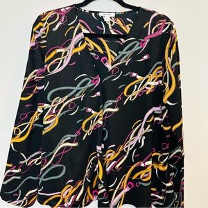 NINE WEST Blouse Black With Belt Pattern Wrap Around V-Neck Slit‎ Sleeves L.A179